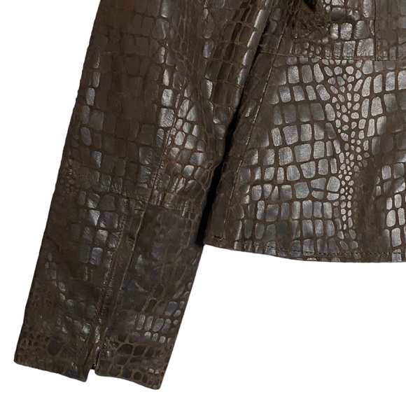 Alfani Petite Brown Leather Jacket Crew Neck Snake Skin Pockets Peplum PP - Picture 7 of 16